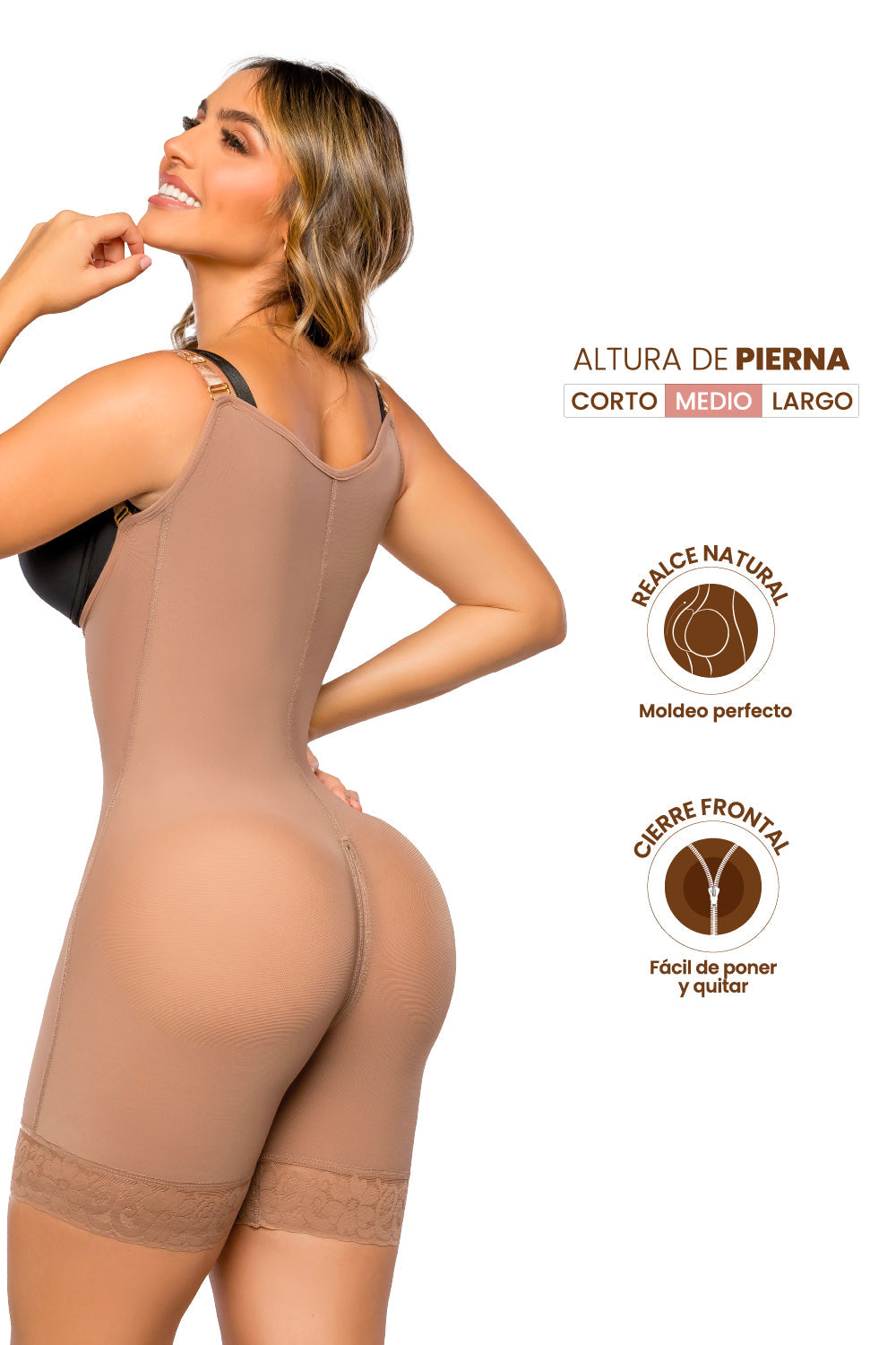 '- Faja SMI7089 LA ESBELTA media pierna con soporte lateral removible
- Vista frontal con broches y detalle de cierre perineal
- Parte posterior sin costuras y encaje siliconado en piernas